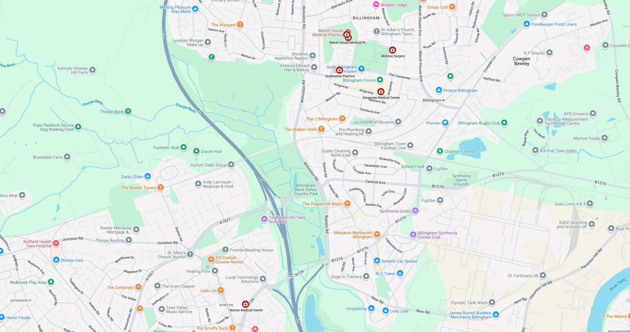 Map of practices in the Billingham and Norton area